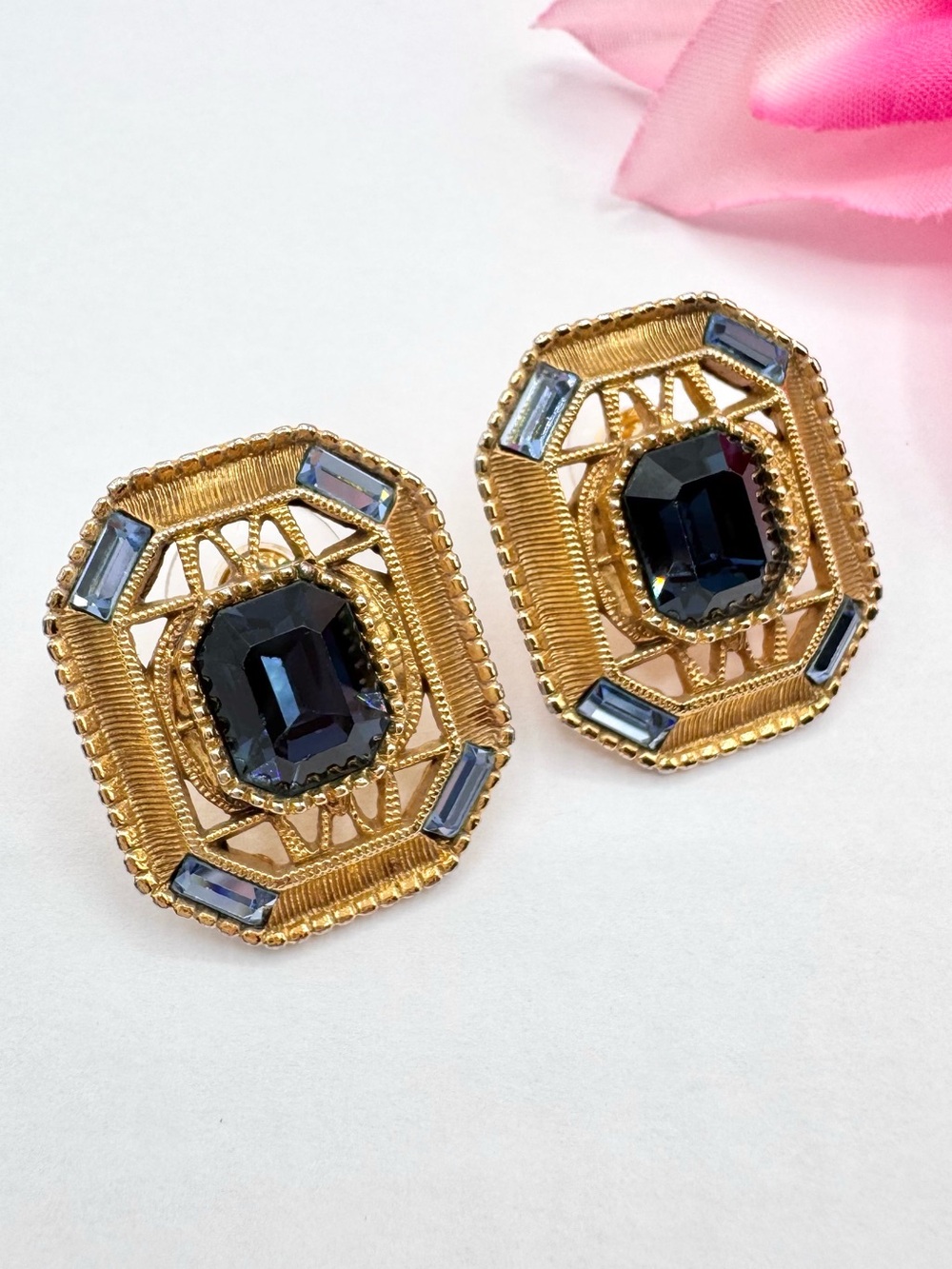 Vintage 1928 Art Deco Style Blue Baguette Rhinestone Filigree Stud Earrings